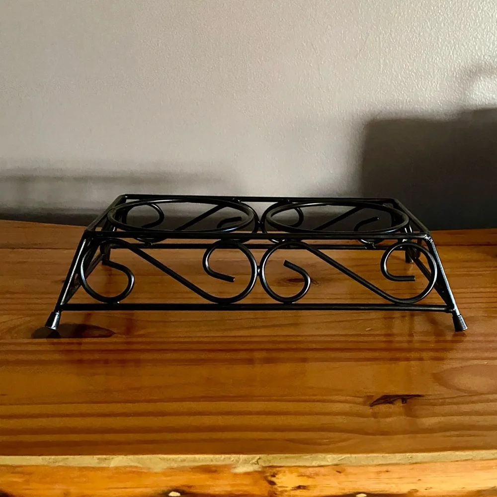 Vintage Dog Food and Water Bowl Stand in Black Metal